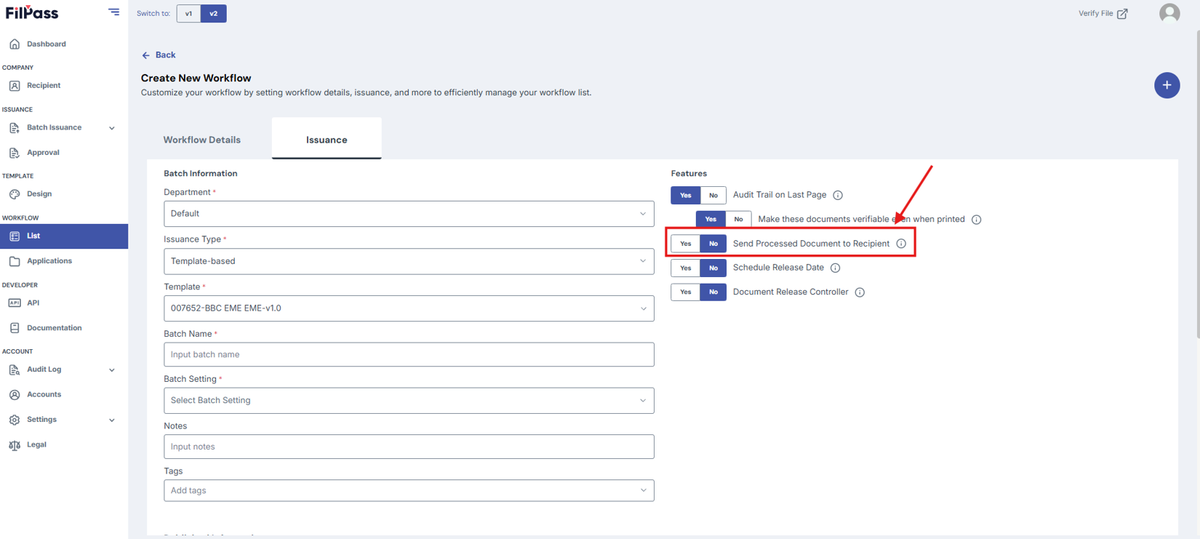 Image of the Issuance page with the "Send Processed Document to Recipient" feature toggle highlighted in a red box