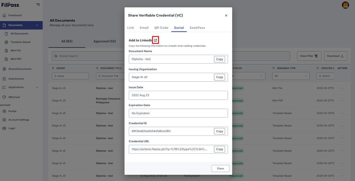 Image of the Share modal with the icon for a link for "Add this certification to your LinkedIn Profile" highlighted in a red box