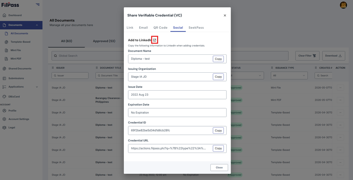 Image of the Share modal with the icon for a link for "Add this certification to your LinkedIn Profile" highlighted in a red box