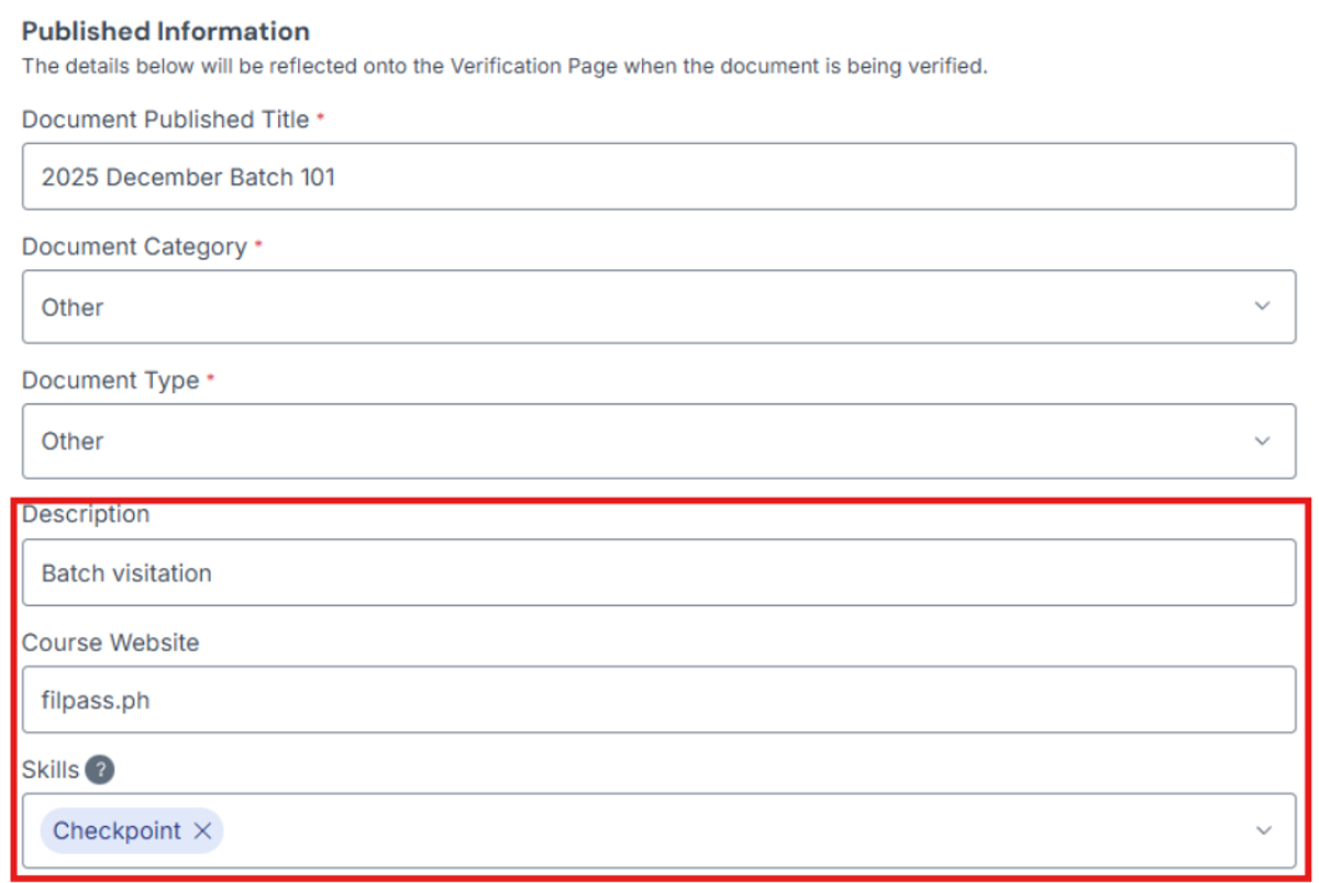Image if Published Information section with Description, Course Website and Skills fields highlighted in a red box