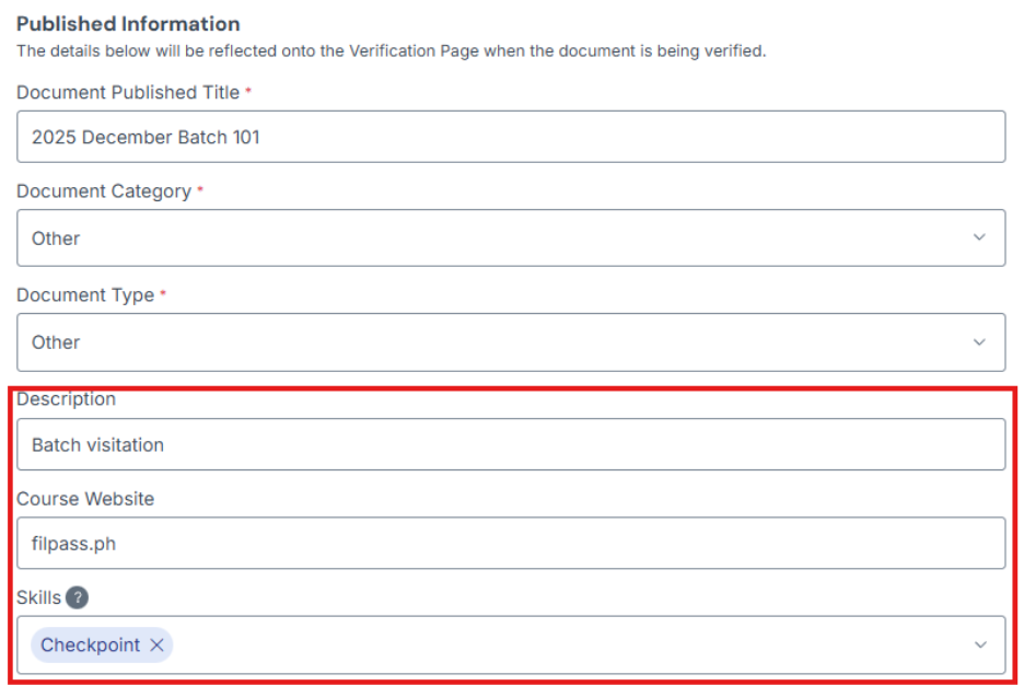 Image if Published Information section with Description, Course Website and Skills fields highlighted in a red box