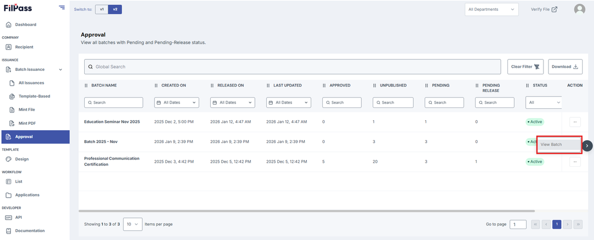 Image of Approval page with View batch button highlighted with a red box
