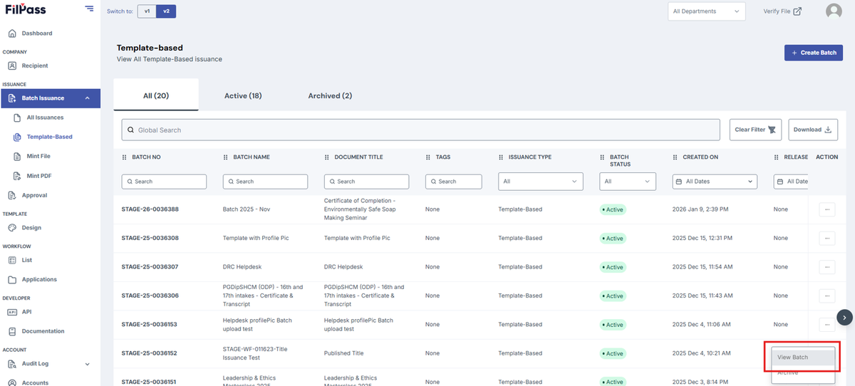 Image of Template based issuances page with View Batch button highlighted in a red box
