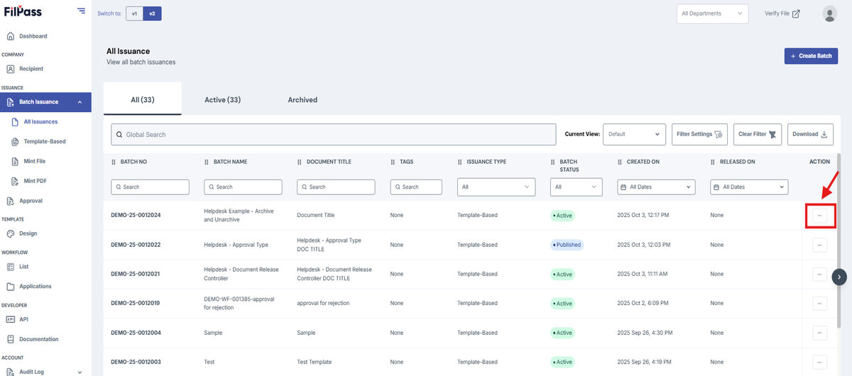 Image of Batch Issuance > All Issuances page with Action button highlighted with a red box