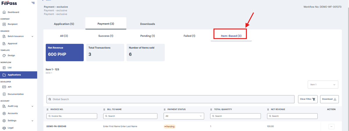 Image of Payment tab with the Item-based tab filter highlighted in a red box