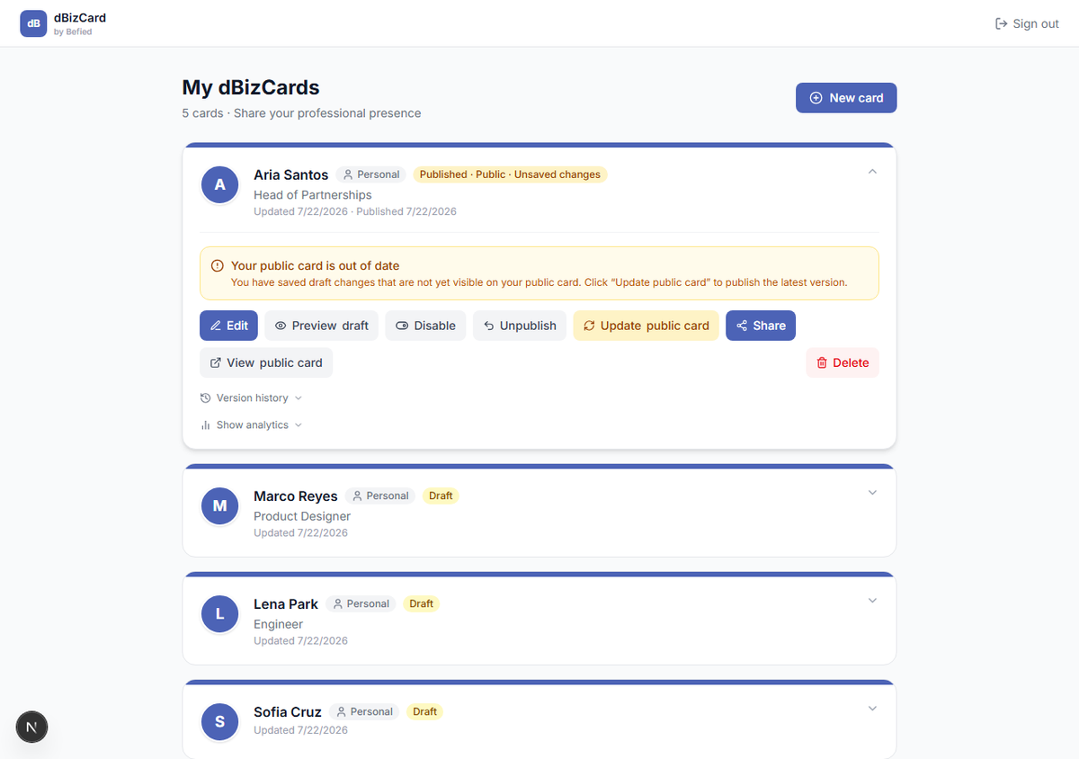 "Unsaved changes" badge + Update public card