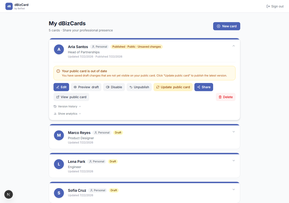 "Unsaved changes" badge + Update public card