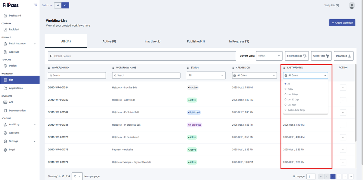 Image of the Workflow page with the Last Updated column and Date filter highlighted in a red box