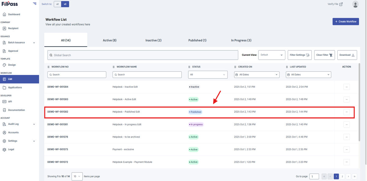 Image of the Workflow page with a Published Workflow highlighted in a red box