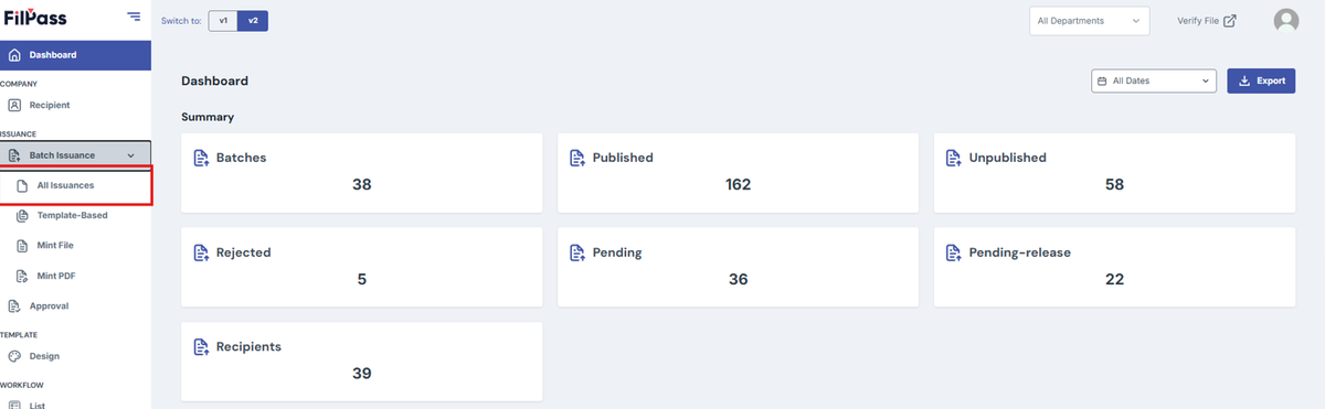 Image of Filpass Dashboard page with All Issuances button highlighted by a red box