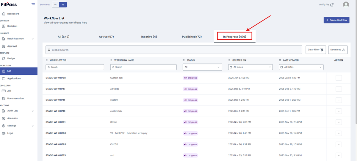 Image of Workflow list page with the In Progress tab highlighted in a red box