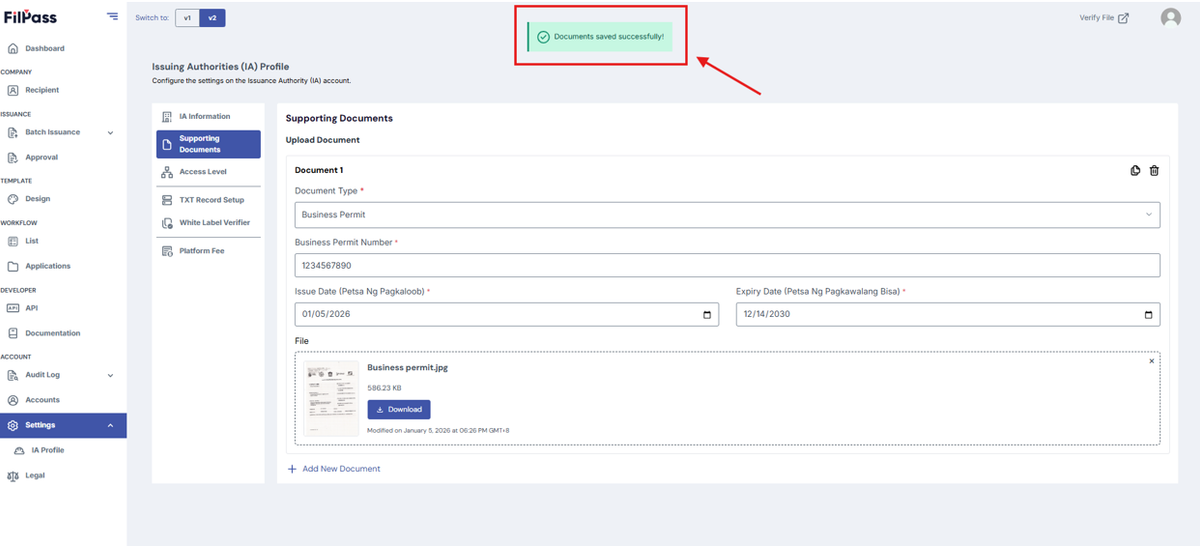 Image of the pop-up message of successfully added a Supporting Document.