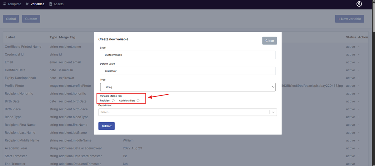 Image of the Create new variable modal with the Variable Merge tag section highlighted in a red box
