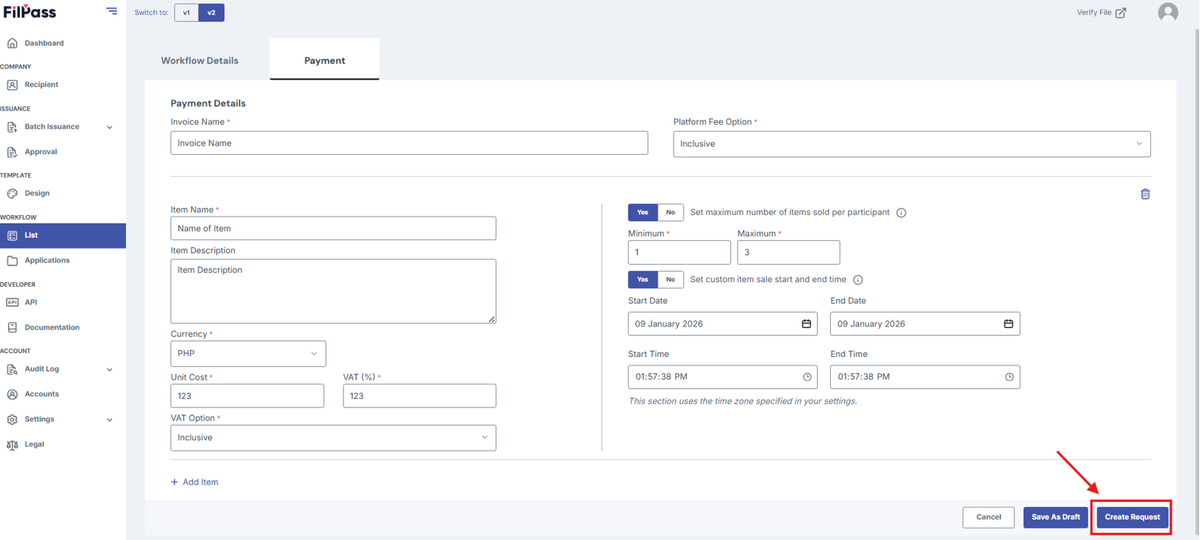 Image of the Payment page tab with the Create Request button highlighted in a red box