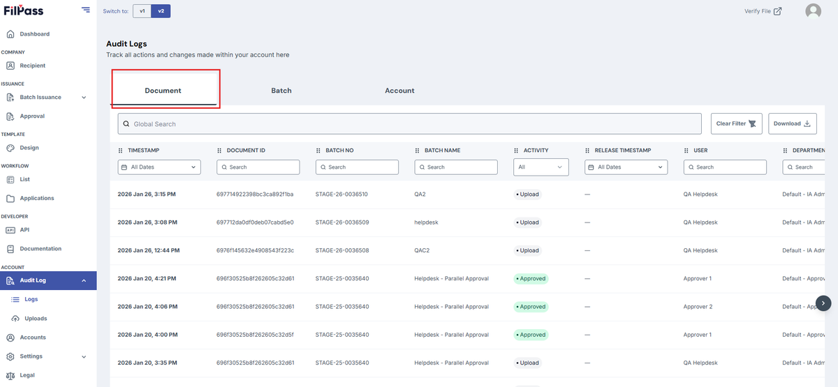 Image of the Documents Tab Table