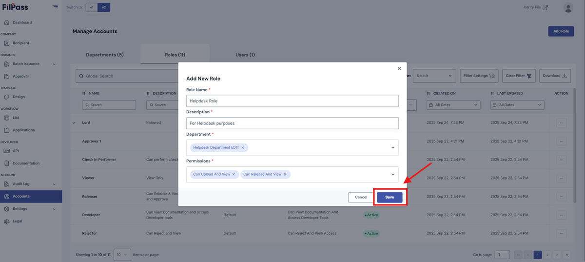 Image of the Add New Role pop-up modal with the Save button being highlighted.
