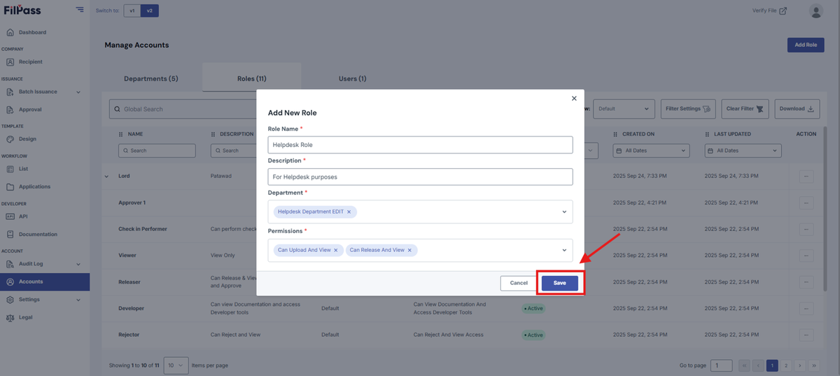 Image of the Add New Role pop-up modal with the Save button being highlighted.