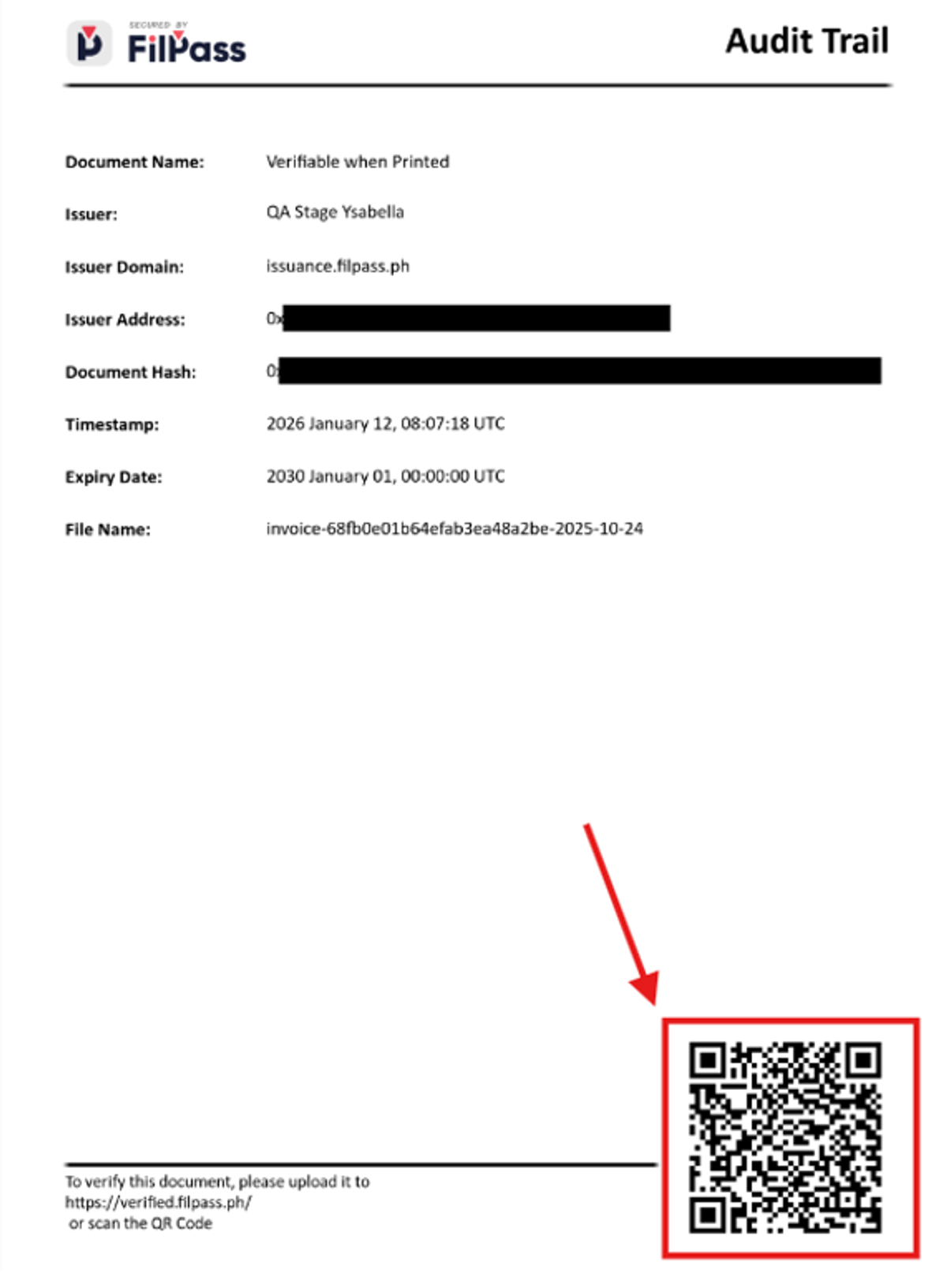 Image of Audit Trail page with the QR code highlighted in a red box
