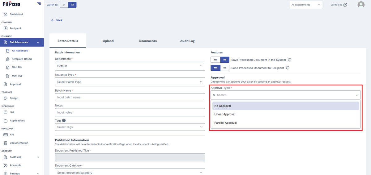 Image of Create batch page with the Approval type dropdown highlighted in a red box