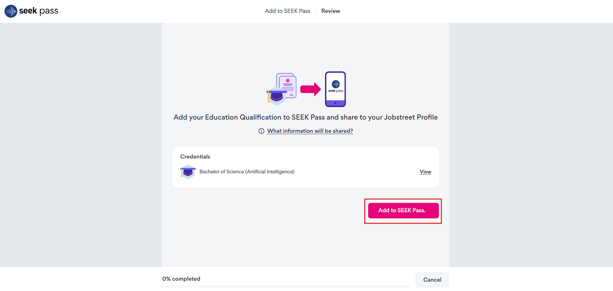 Image to Seek Pass for Add to Seek Pass button that is highlighted