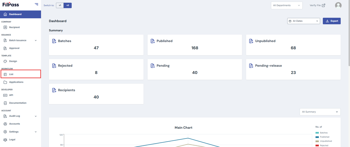 Image of the Filpass website with the Workflow List button in the navigation bar