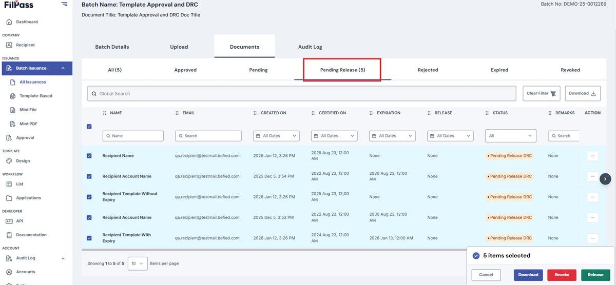 Image of Documents page with Pending Release tab highlighted by a red box