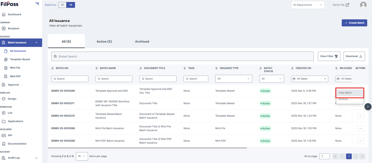 Image of All Issuance page with View Batch button highlighted by a red box