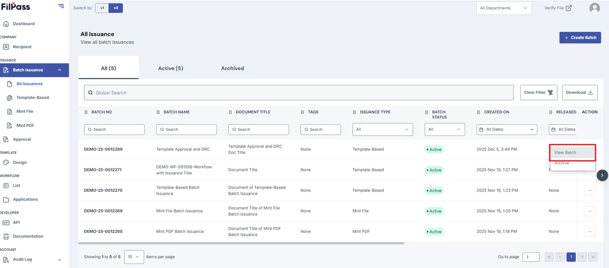 Image of All Issuance page with View Batch button highlighted by a red box