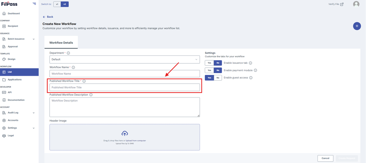 Image of Create Workflow page with the Published Workflow Title highlighted by a red box
