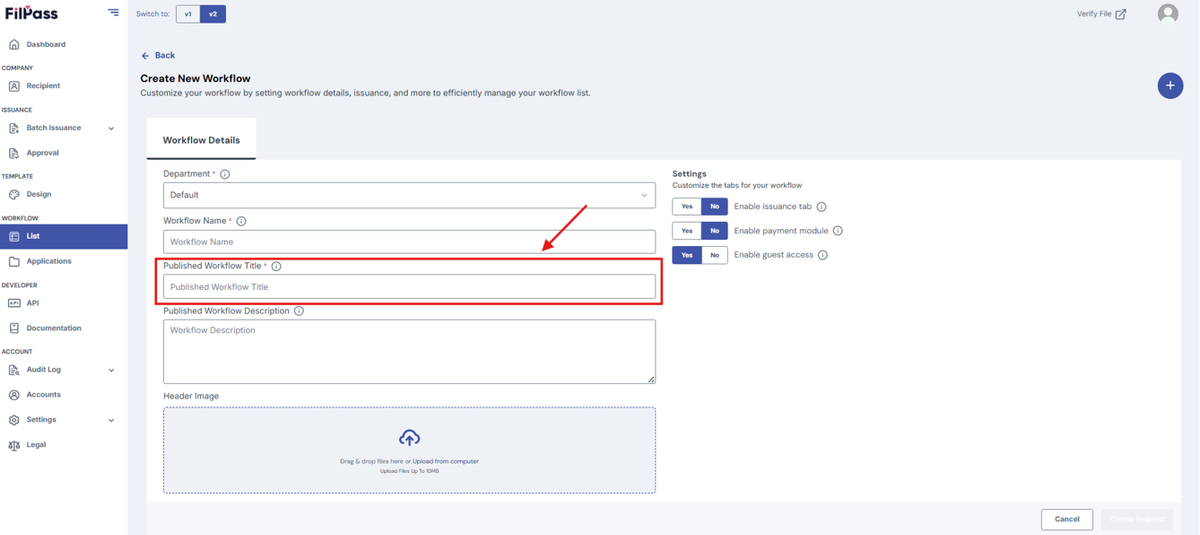 Image of Create Workflow page with the Published Workflow Title highlighted by a red box