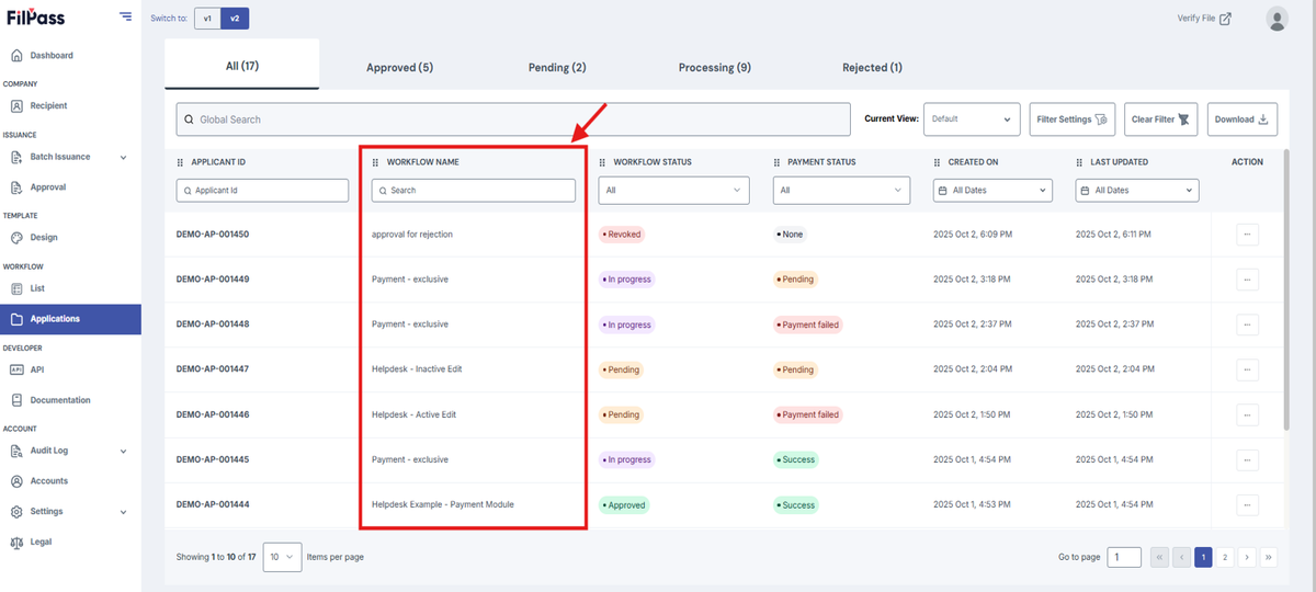 Image of the Workflow Applications page with the Workflow Name column highlighted in a red box