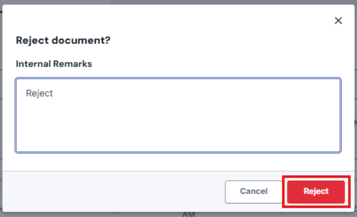 Image of confirmation modal with Reject button highlighted by a red box