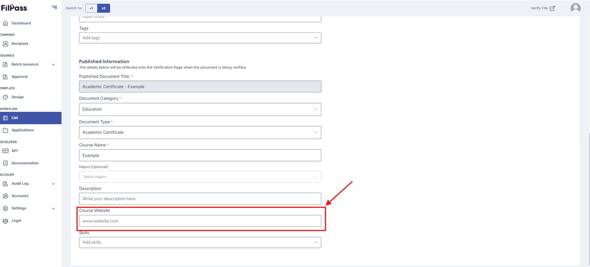 Image of the Issuance page with the Course Website field highlighted on a red box