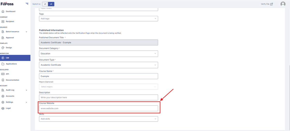 Image of the Issuance page with the Course Website field highlighted on a red box
