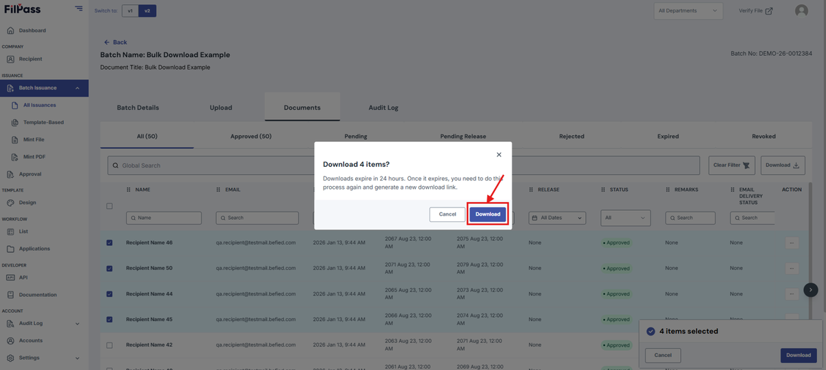 Image of Download modal with the Download button highlighted in a red box