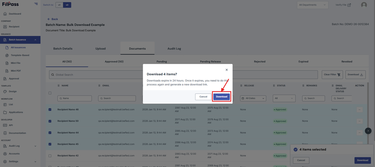 Image of Download modal with the Download button highlighted in a red box