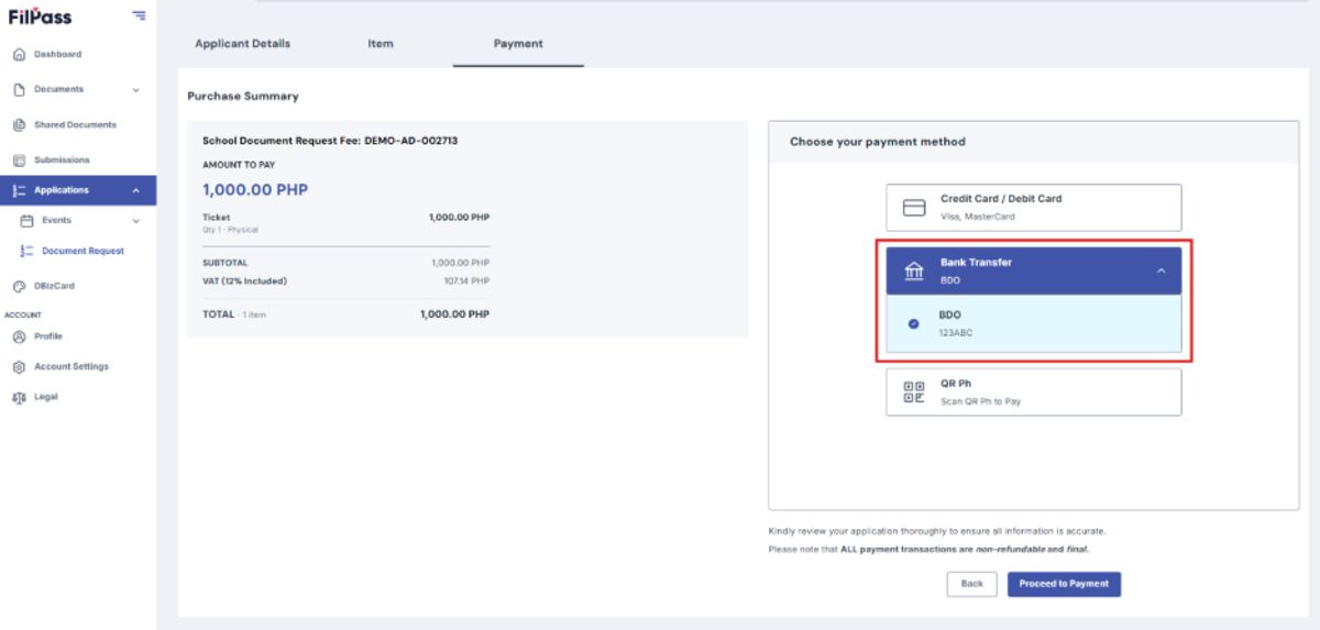 From the available payment methods, select Bank Transfer, then choose the appropriate bank from the provided options. 