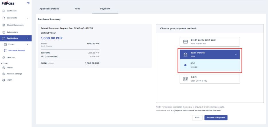 From the available payment methods, select Bank Transfer, then choose the appropriate bank from the provided options.