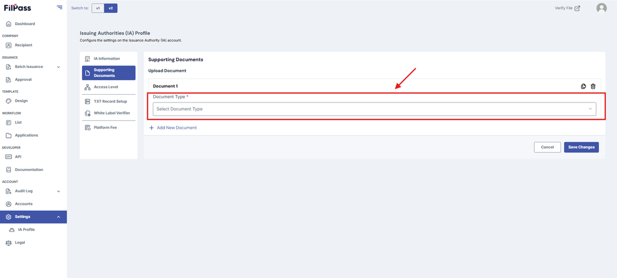 Image of the Supporting Documents tab with the highlighted Document Type field