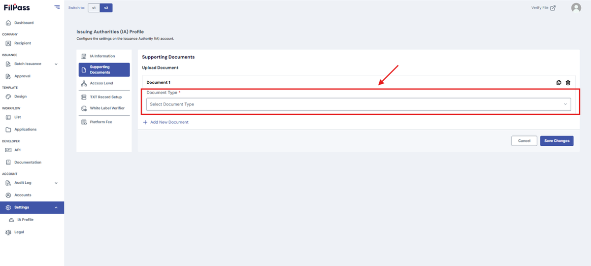 Image of the Supporting Documents tab with the highlighted Document Type field
