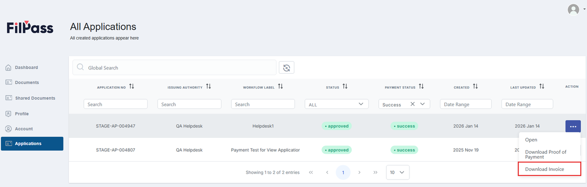 Image of Applications page with the Download Invoice button highlighted in a red box