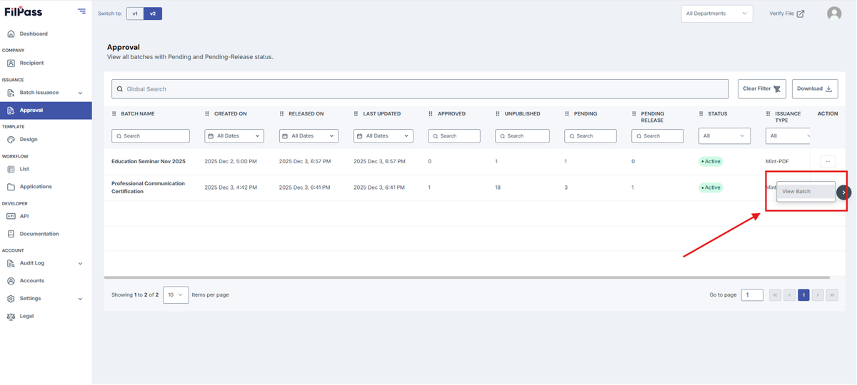 Image for Approval page with View Batch highlighted by a red box