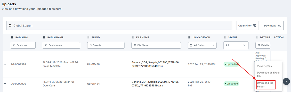 three-dot (•••) action menu expanded, showing options including “View Details,” “Download as Excel File,” and “Download Zip Folder.”