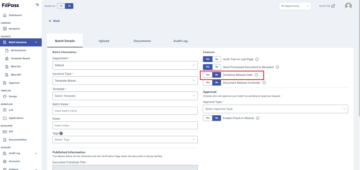 Image of Create Batch page with Template-Based Issuance and Scheduled Release Date highlighted in a red box