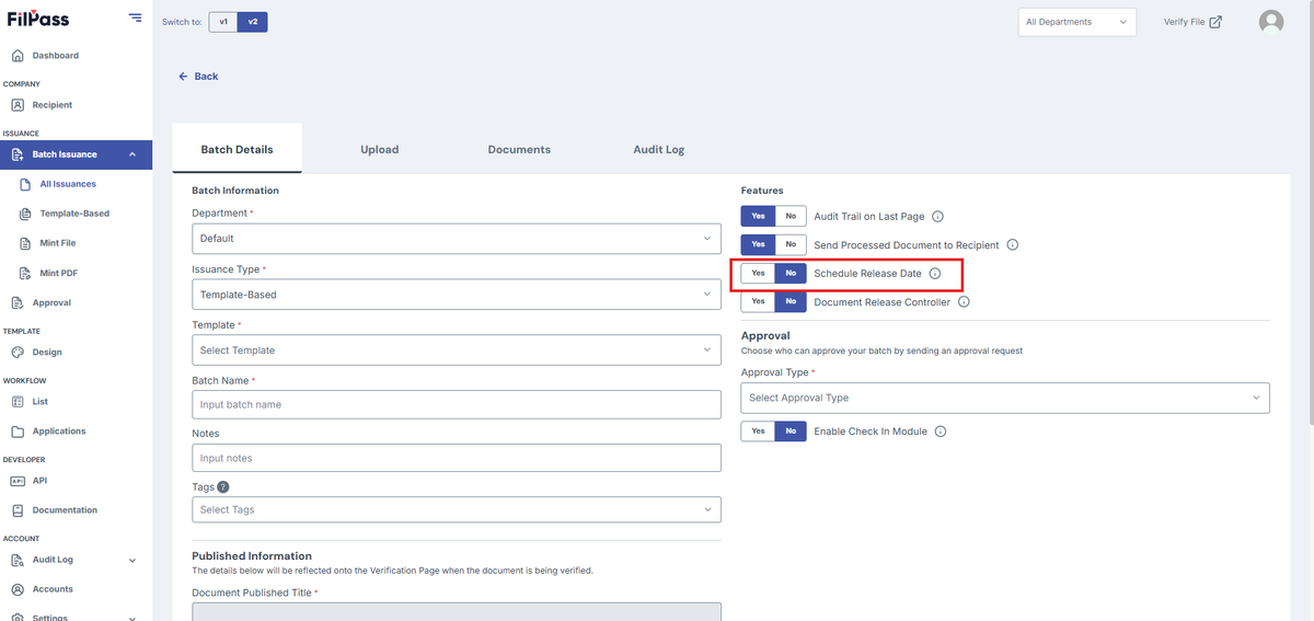 Image of Create Batch page with Template-Based Issuance and Scheduled Release Date highlighted in a red box