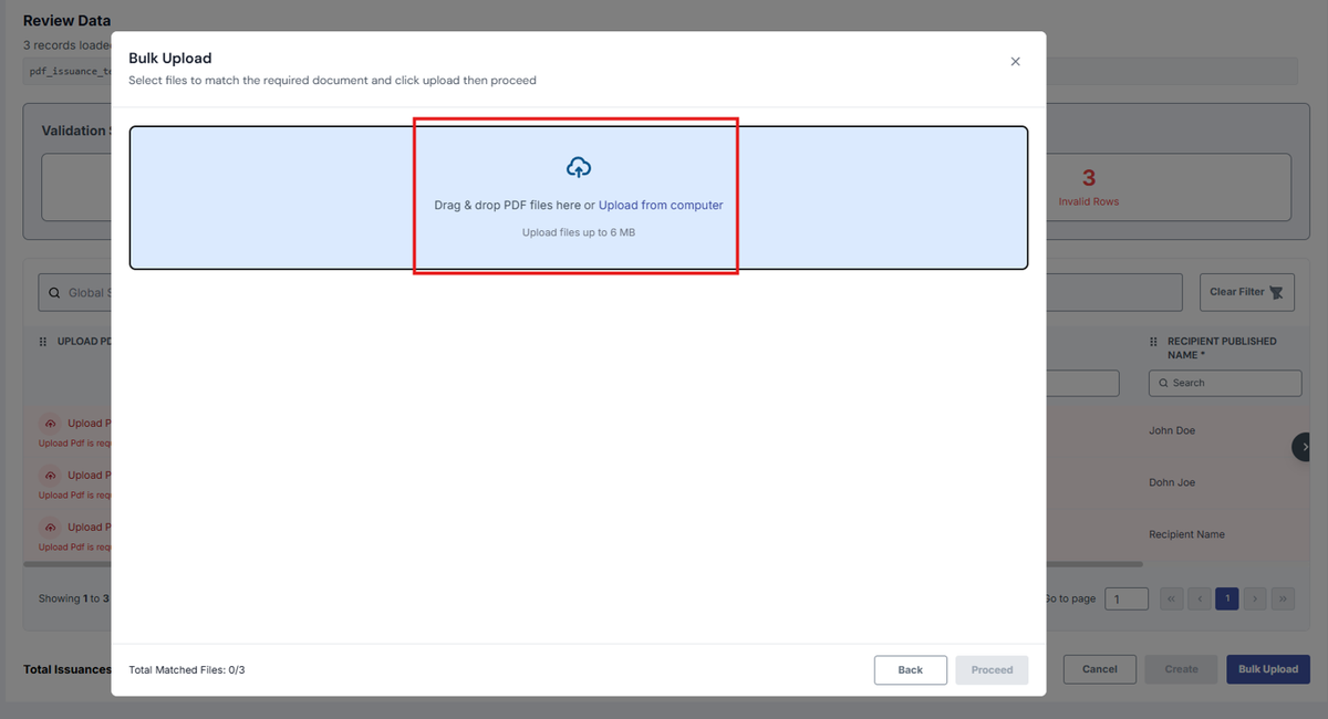 Image of Bulk Upload modal with "Drag & drop PDF files here or Upload from computer" section highlighted in a red box