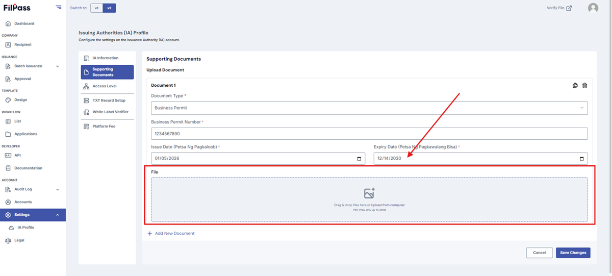Image of the page with the highlighted file dropbox.