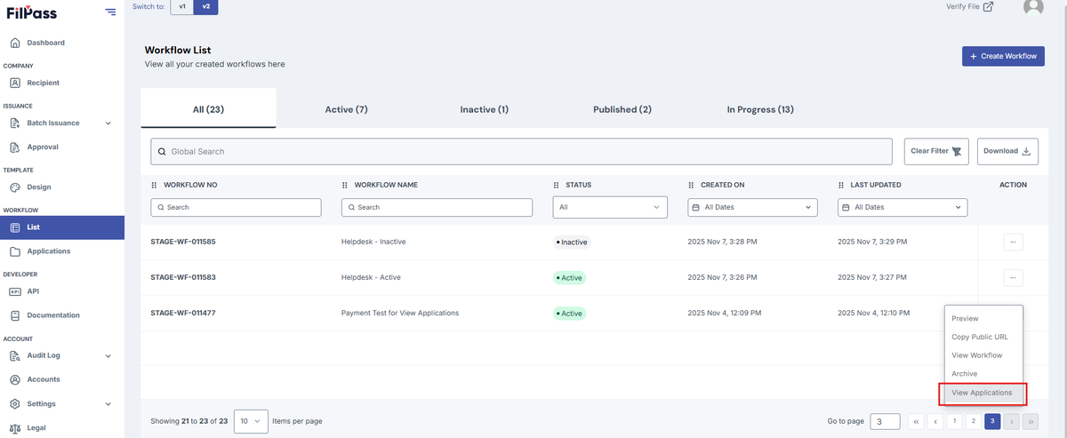 Image of the Workflow List page with the View Application button highlighted in a red box