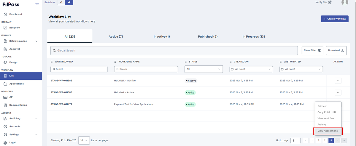 Image of the Workflow List page with the View Application button highlighted in a red box