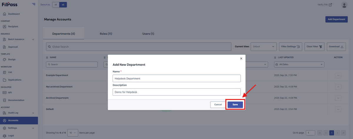Image of the Add New Department pop-up modal with the Save button being highlighted.